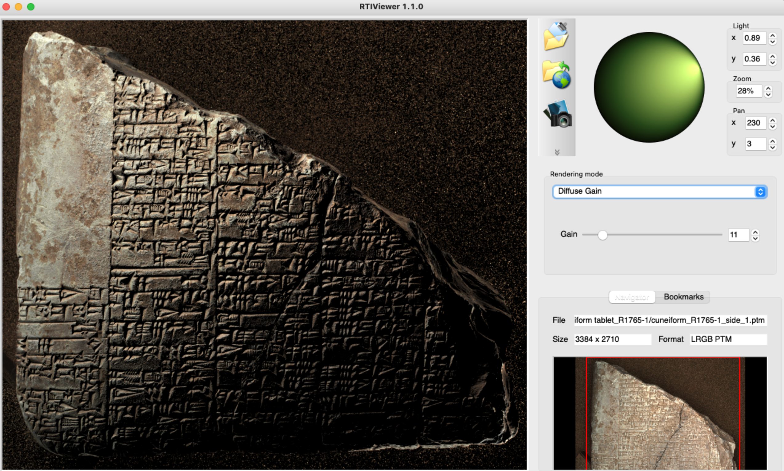 Visualising the relightable image of a cuneiform tablet from the Brighton Museum and Art Gallery using the RTI viewer software © by the 3D Service Suite, University of Brighton under CC BY 4.0