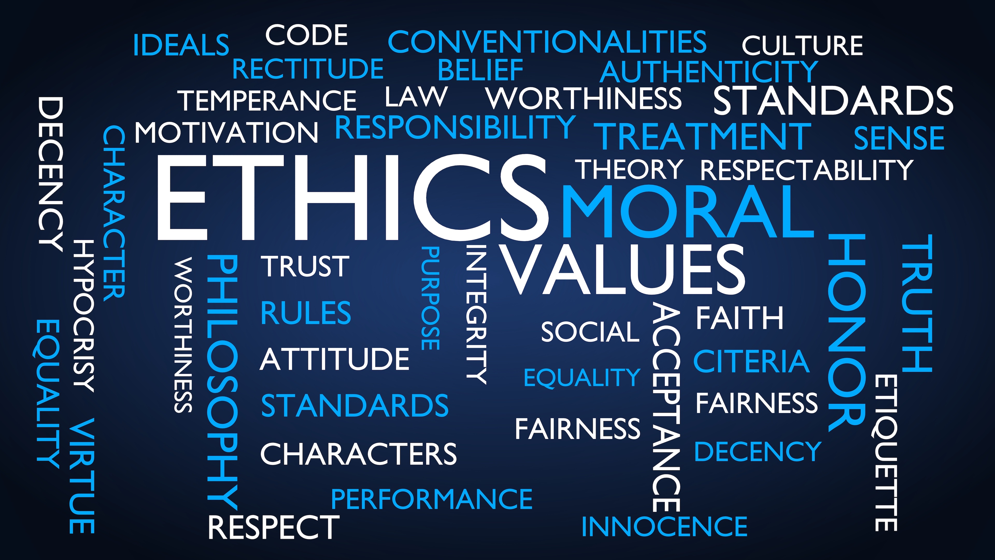 Ethics, moral, values word tag cloud. 3D rendering, blue variant. © by ommbeu under Education License from Adobe Stock